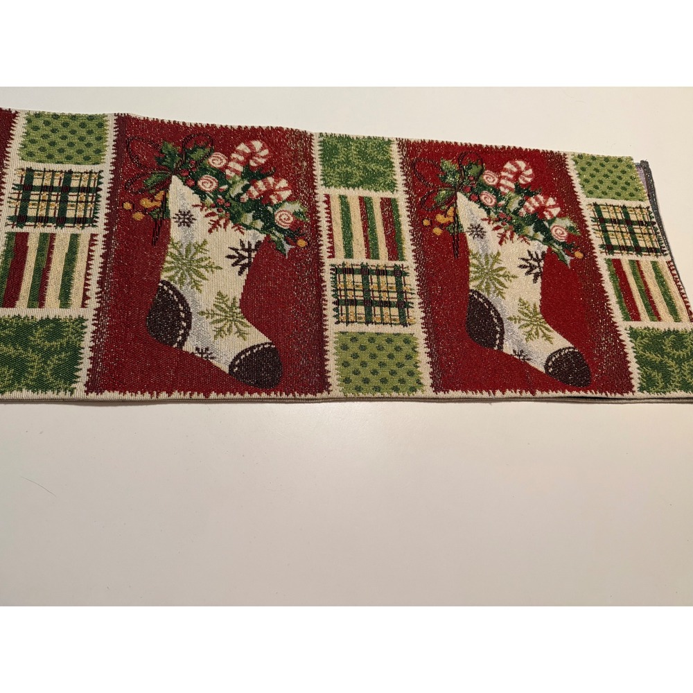 Christmas Woven Tapestry Table Runner Stocking Candy Cane Metallic Red Green 5'